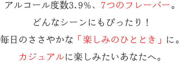 果実感たっぷりなのに、すっきりとした甘さが特徴！口の中でしゅわ～っと泡が弾けて、みずみずしい果実の美味しさが広がります。3.9%と、お酒が苦手な方や女性にもおすすめです！